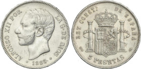 Peseta Period
Alfonso XII
5 Pesetas. 1885 (*18-87). M.S.-M. (Golpecitos). MBC+.