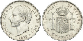 Peseta Period
Alfonso XII
5 Pesetas. 1885 (*18-87). M.S.-M. (Rayitas). MBC+.