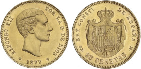 Peseta Period
Alfonso XII
25 Pesetas. 1877 (*18-77). D.E.-M. (Golpecitos). EBC.