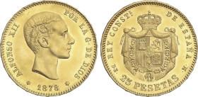 Peseta Period
Alfonso XII
25 Pesetas. 1878 (*18-78). D.E.-M. Brillo original. Segunda estrella algo floja pero visible. EBC.