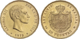 Peseta Period
Alfonso XII
25 Pesetas. 1878 (*18-78). D.E.-M. 8,06 grs. Brillo original. (Golpecitos y rayitas). EBC.