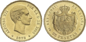 Peseta Period
Alfonso XII
25 Pesetas. 1878 (*18-78). E.M.-M. Restos de brillo. (Rayitas). EBC-.