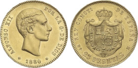 Peseta Period
Alfonso XII
25 Pesetas. 1880 (*18-80). M.S.-M. (Rayitas)). EBC-.
