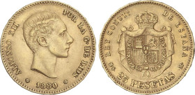 Peseta Period
Alfonso XII
25 pesetas. 1880 (*18-80). M.S.-M. (Algo alabeada, Pequeños golpecitos). MBC+.
