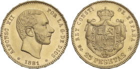 Peseta Period
Alfonso XII
25 Pesetas. 1881 (*18-81). M.S.-M. Brillo original. (Leves rayitas). EBC+.