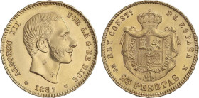 Peseta Period
Alfonso XII
25 Pesetas. 1881 (*18-81). M.S.-M. 8,06 grs. Brillo original. (Dos pequeños grafitis en anverso, rayitas). EBC.