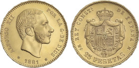 Peseta Period
Alfonso XII
25 Pesetas. 1881 (*18-81). M.S.-M. 8,03 grs. Brillo original. (Leves rayitas). EBC.