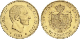 Peseta Period
Alfonso XII
25 Pesetas. 1883 (*18-83). M.S.-M. Segunda estrella floja pero visible. MBC+.
