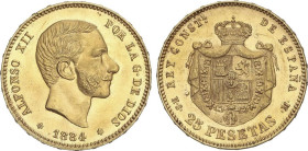 Peseta Period
Alfonso XII
25 Pesetas. 1884 (*18-84). M.S.-M. Brillo original. EBC.