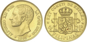Peseta Period
Alfonso XII
Reproducción 4 Pesos. 1883. MANILA. 6,69 grs. AU (900). SC-.