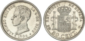 Peseta Period
Alfonso XIII
50 Céntimos. 1904 (*0-4). S.M.-V. Brillo original. SC-.