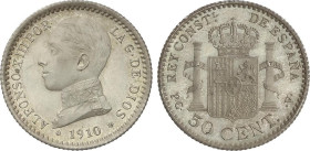 Peseta Period
Alfonso XIII
50 Céntimos. 1910 (*1-0). P.C.-V. (Leves golpecitos). Restos de brillo. EBC+.