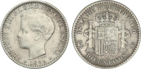 Peseta Period
Alfonso XIII
10 Centavos de Peso. 1896. PUERTO RICO. P.G.-V. (Golpecitos). MBC-/MBC.
