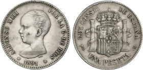 Peseta Period
Alfonso XIII
1 Peseta. 1891 (*__-91). P.G.-M. Primera estrella no visible. (Golpecitos). MBC.