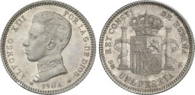 Peseta Period
Alfonso XIII
1 Peseta. 1904 (*19-04). S.M.-V. Pátina y brillo original. (Golpecitos en gráfila). EBC.