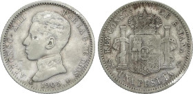 Peseta Period
Alfonso XIII
1 Peseta. 1905 (*19-05). S.M.-V. (Golpecitos). MBC-.