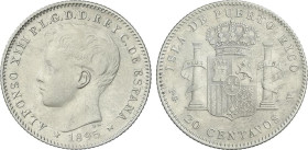 Peseta Period
Alfonso XIII
20 Centavos de Peso. 1895. PUERTO RICO. P.G.-V. (Leves oxidaciones limpiadas). MBC+.