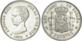 Peseta Period
Alfonso XIII
2 Pesetas. 1892 (*18-92). P.G.-M. Limpiada y rayas. MBC+.