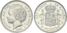 Peseta Period
Alfonso XIII
2 Pesetas. 1894 (*18-94). P.G.-V. (Leves rayitas en anverso). EBC-.