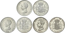 Peseta Period
Alfonso XIII
Lote 3 monedas 2 Pesetas. 1889 a 1905. 1889 (*18-89) M.P.-M. 1892 (*18-92) P.G.-M. y 1905 (*19-05) S.M.-V. MBC a EBC-.