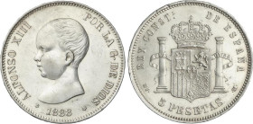 Peseta Period
Alfonso XIII
5 Pesetas. 1888 (*18-88). M.P.-M. Restos de brillo. (Leves golpecitos). (EBC).