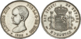 Peseta Period
Alfonso XIII
5 Pesetas. 1888 (*18-88). M.P.-M. (Limpiada). (EBC).