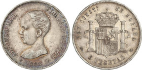 Peseta Period
Alfonso XIII
5 Pesetas. 1888 (*18-88). M.P.-M. (Leves golpecitos). Pátina. MBC+.