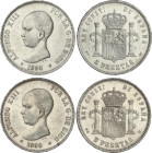 Peseta Period
Alfonso XIII
Lote 2 monedas 5 Pesetas. 1890 (*18-90). P.G.-M. y M.P.-M. MBC+.