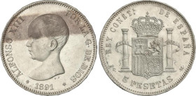 Peseta Period
Alfonso XIII
5 Pesetas. 1891 (*18-91). P.G.-M. (Leves rayitas). EBC-/EBC.