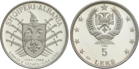 World Coins
Albania
5 Leke. 1968. 16,3 grs. AR. V Centenario victora de la liga Lissi Skanderbeg. Tirada: 8.540 piezas. KM-49.1. PROOF.