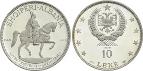 World Coins
Albania
10 Leke. 1970. 33,54 grs. AR. V Centenario muerte Príncipe Skanderbeg. Tirada: 500 piezas. MUY ESCASA. KM-50.3. PROOF.