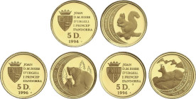 World Coins
Andorra
Lote 3 monedas 5 Diners. 1994 y 1996. Peso total:4,66 grs. AU (999). Ardilla, oso y chamois. Fr-23, 27, 28; KM-111, 117, 118. PR...