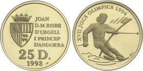 World Coins
Andorra
25 Diners. 1993. 7,88 grs. AU (583). Olimpiada Invierno Lillehammer ´94: esquiador. Tirada: 6.000 piezas. Fr-19; KM-81. PROOF.