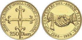 World Coins
Andorra
250 Diners. (1988). 11,95 grs. AU (999). VII Centenario Segon Pareatge. Tirada: 3.000 piezas. Fr-4; KM-45. FDC.