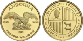 World Coins
Andorra
1/2 Onza. 1988. 15,58 grs. AU (999). Tirada: 3.000 piezas. (Leve manchita en anverso). Fr-6a; KM-No Cat. FDC.