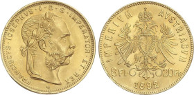 World Coins
Austria
8 Florins-20 Francs. 1892. FRANZ JOSEPH I. 6,46 grs. AU. Reacuñación oficial (Restrike). Fr-502; KM-2269. SC.