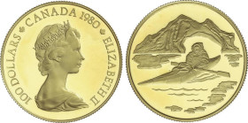 World Coins
Canada
100 Dollars. 1980. 16,94 grs. AU (917). Territorios Árticos: Esquimal en Kayak. Fr-11; KM-129. PROOF.