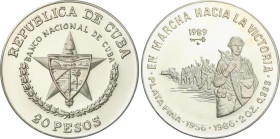 World Coins
Cuba
20 Pesos. 1989. 62,09 grs. AR. 30 Aniversario Marcha hacia la victoria. Tirada máxima 500 piezas. KM-171. PROOF.