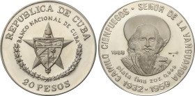 World Coins
Cuba
20 Pesos. 1988. 62,05 grs. AR. Camilo Cienfuegos. Tirada máxima 1.000 piezas. KM-236. PROOF.