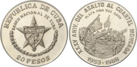 World Coins
Cuba
20 Pesos. 1988. 62,1 grs. AR. 35 Aniversario del asalto al cuartel moncada. Tirada máxima 1.000 piezas. KM-237. PROOF.