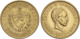 World Coins
Cuba
5 Pesos. 1916. 8,34 grs. AU. José Martí. Fr-4; KM-19. EBC.