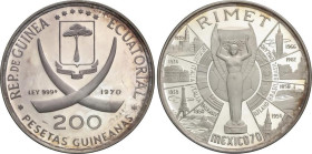 World Coins
Equatorial Guinea
200 Pesetas guineanas. 1970. 40.58 grs. AR. Mundial México ´ 70. Copa Rimet. Pátina irregular. KM-18.2. PROOF.