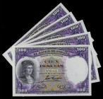 Spanish Banknotes
Civil War
Lote 5 billetes 100 Pesetas. 25 Abril 1931. Gonzalo Fernández de Córdoba. Cuatro correlativos. Ed. 360. SC.