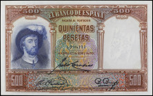 Spanish Banknotes
Civil War
500 Pesetas. 25 Abril 1931. (Arrugas y leve doblez en esquina, sin doblez central). Ed-361. SC-.