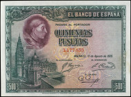 Spanish Banknotes
Civil War
500 Pesetas. 15 Agosto 1928. Cisneros. (Arruguitas y manchitas en margen derecho). Ed-356. SC-.