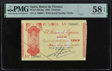 Spanish Banknotes
Civil War
5 Pesetas. 30 Agosto 1936. EL BANCO DE ESPAÑA. BILBAO. Serie A. Antefirma Banco de Vizcaya. Precintado y garantizado por...
