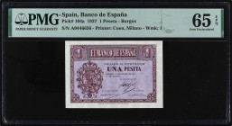 Spanish Banknotes
Estado Español
1 Peseta. 12 Octubre 1937. Serie A. Precintado y garantizado por PMG como 65 EPQ GEM UNCIRCULATED (1914783-037). Ed...