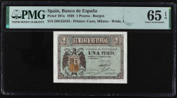 Spanish Banknotes
Estado Español
1 Peseta. 28 Febrero 1938. Serie D. Precintado y garantizado por PMG como 65 EPQ GEM UNCIRCULATED (1914784-037) . E...