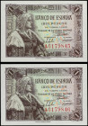 Spanish Banknotes
Estado Español
Lote 2 billetes 1 Peseta. 15 Junio 1945. Isabel La Católica. Serie A. Pareja correlativa. (Los dos con arruga en ma...