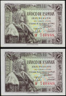 Spanish Banknotes
Estado Español
Lote 2 billetes 1 Peseta. 15 Junio 1945. Isabel La Católica. Serie H. Pareja correlativa. (Leves manchitas y arrugu...